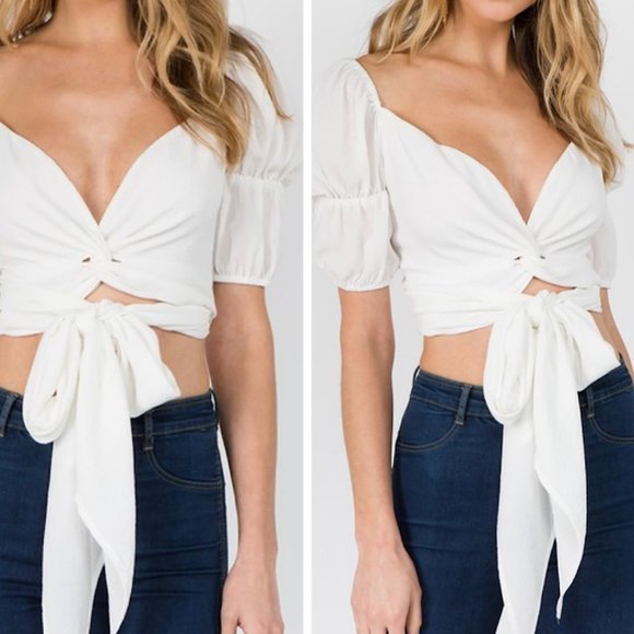 Snow Bird Tie Front Top Puff Sleeve White - Picture 2 of 4